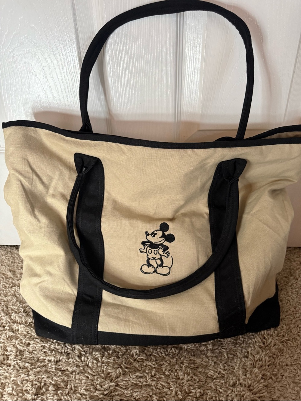Disney Cream Canvas Tote with Black Trim and Mickey Embroidery